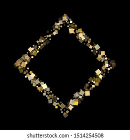 Simple gold square confetti sparkles scatter on black. Luxurious New Year vector sequins background. Gold foil confetti party explosion space. Overlay sparkles surprise backdrop.