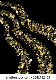 Simple gold square confetti tinsels falling on black. Rich New Year vector sequins background. Gold foil confetti party particles isolated. Overlay particles surprise backdrop.