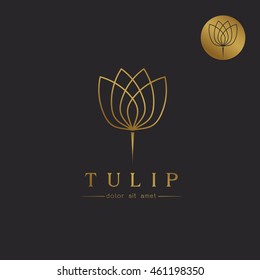 Simple gold Tulip bud with leaves design for logo, emblem or sign on black background Vector illustration