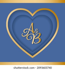 Simple gold wedding card with blue background