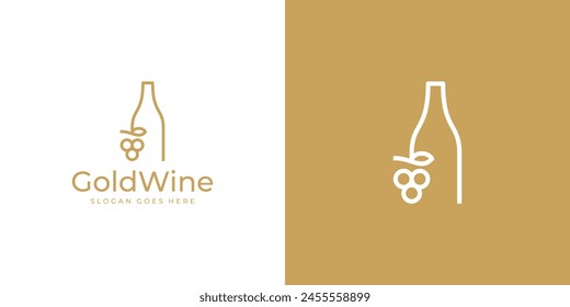 Simple Gold Wine Logo. Linear Outline Bottle and Grape Logo Icon Symbol Vector Design Inpiration.