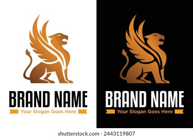 simple gold winged lion illustration vector logo design