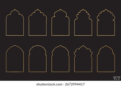 Los marcos geométricos de arco árabe dorado simples están aislados sobre fondo negro. Fronteras islámicas árabes de lujo para invitaciones, Plantillas y patrones decorativos.  Ilustración vectorial 3D.