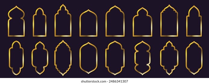 Simple golden Arabic frames. Islamic architecture window, oriental door and arch shapes inspired shiny decorative line arabic window borders, gold frame with shadow isolated vector set