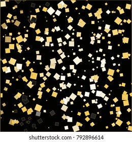 Simple golden confetti vector illustration on black. Square pieces of different scale in chaotic movement. Dynamic Vector or holiday, celebration decorations, paper packaging, textile  design, covers.