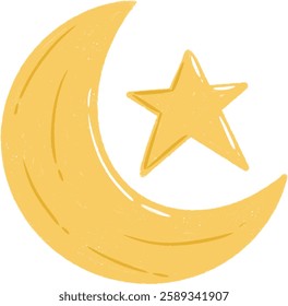 A simple golden crescent moon and star illustration, symbolizing Islam, Ramadan, and spirituality.