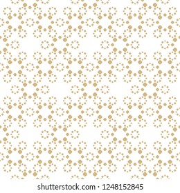 Simple golden dots pattern. Vector abstract seamless background with small circles, flower shapes, tiny dots. Elegant white and gold texture. Minimal repeat design for decor, fabric, print, wallpapers