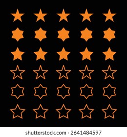 Simple golden five star rating icons on black background.