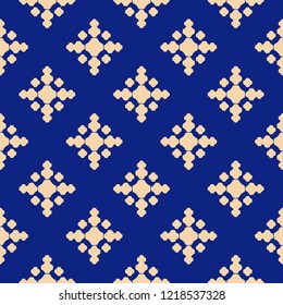 Simple golden floral texture. Geometric seamless pattern with small flowers, crosses, dots. Vector abstract repeatable background in deep blue and gold colors. Vintage design for textile, cloth, cover