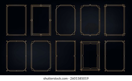 Simple golden frames. Thin luxury gold borders for wedding invitation card, modern geometric art deco frame elements. Vector elegant set.