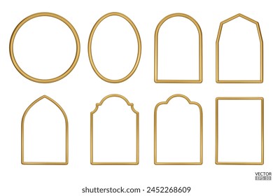 Los marcos geométricos dorados simples están aislados sobre fondo blanco. Bordes de oro de lujo para invitaciones de boda, Plantillas de lujo y patrones decorativos. Diseño de borde dorado. Ilustración vectorial 3D.