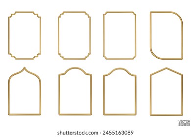 Simple golden geometric frames are isolated on white background. Luxury gold borders for wedding invitations, luxury templates, and decorative patterns. Golden border design. 3D vector illustration.