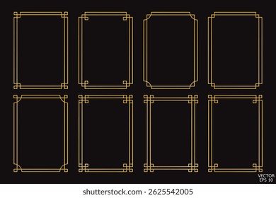 Simple golden geometric frames are isolated on black background. Luxury gold borders for invitations, luxury templates, and decorative patterns. Golden border design. 3D vector illustration.