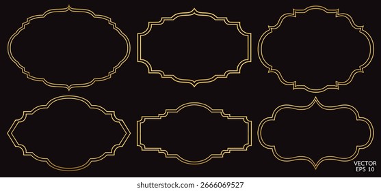 Quadros geométricos dourados simples são isolados sobre fundo preto. Bordas de ouro de luxo para convites, modelos de luxo e padrões decorativos. Design de borda dourada. Ilustração de vetor 3D.
