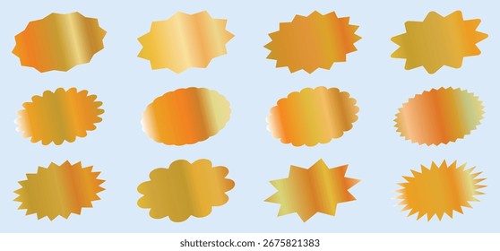  Simple golden gradient starburst shapes. Sticker, label, promotional badge vector elements. Flash offer banner, coupon or poster. Discount sticker shape. eps 10