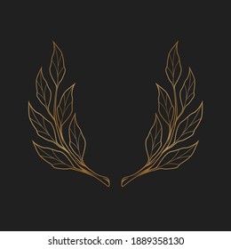 Sencillo icono de laurel dibujado a mano sobre fondo negro. Corona floral con hojas, perfecta para el diseño de etiquetas o logotipos, invitación a la boda o tatuaje. Ilustración vectorial.