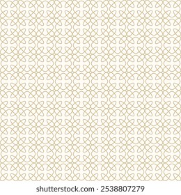 Simple golden minimal vector seamless pattern. Abstract linear ornament texture with grid, lattice, mesh, squares, flower silhouettes, leaves. Luxury gold and white geometric background. Repeat design