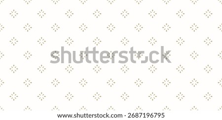 Simple golden minimalist background. Vector geometric seamless pattern with small diamond shapes, stars, flowers. Subtle gold and white shiny abstract texture. Minimal repeated design for wallpaper