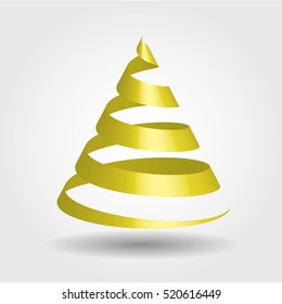 Simple golden ribbon in a shape of Christmas tree. Modern and elegant Merry Christmas theme. 3D vector illustration with dropped shadow and gradient background.