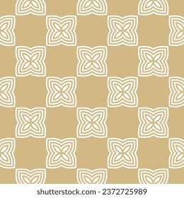 Simple golden vector floral geometric seamless pattern. Abstract geometric luxury ornament with flowers in oriental style. Elegant mosaic background. Minimal ornamental texture. Repeating geo design