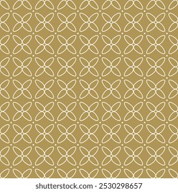 Simple golden vector floral pattern. Abstract minimalist seamless ornament texture with small outline flower silhouettes, dots in regular grid. Minimal gold geometric background. Subtle repeat design