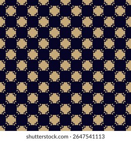 Simple golden vector geometric ornament. Abstract seamless pattern with checkered surface, squares, flower silhouettes. Stylish black and gold background. Luxury repeated design for decor, wallpaper
