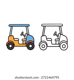 Ilustración de Carrito de golf simple con una versión de color y una versión de contorno, estilo limpio y mínimo adecuado para iconos, pegatinas, gráficos deportivos, contenido infantil y páginas para colorear.