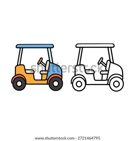 Simple golf cart illustration with a colored version and an outline version, clean and minimal style suitable for icons, stickers, sports graphics, kids content, and coloring pages.
