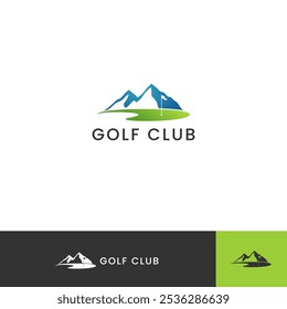 A simple golf logo featuring a mountain backdrop, a green golf course, and a flagstick. Minimalist yet striking, it captures the essence of golfing in scenic landscapes.