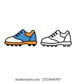Ilustración de zapato de golf simple con una versión de color y una versión de contorno, estilo limpio y mínimo adecuado para iconos, pegatinas, gráficos deportivos, contenido para niños y páginas para colorear.