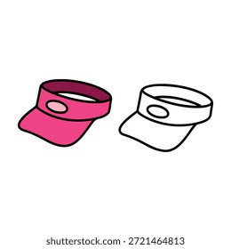 Ilustración de visera de golf simple con una versión de color y una versión de contorno, estilo limpio y mínimo adecuado para iconos, pegatinas, gráficos deportivos, contenido para niños y páginas para colorear.