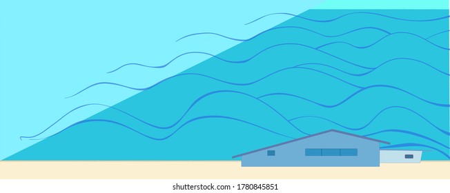 Simple gometric drawing of ocean coast with buildings on foreground and big waves behind them (vector graphics)