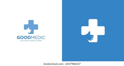 Logo de Medic Simple Good. Salud cruzada y pulgares hacia arriba con estilo moderno. Inspiración de diseño de Vector de logotipo de buena salud.