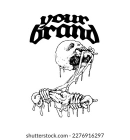 simple gore design, vector black and white skull eating internal organs, perfect for underground merchandise needs or brutal merch lovers.