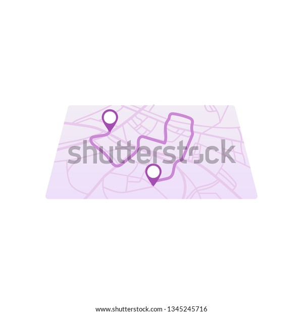 Simple GPS icon and route on city map\
with path and two pins isolated on white\
background