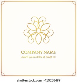 Simple and graceful floral logotype design template with shine on a dark background. Vector golden elegant lineart logo design, vector illustration.