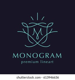 Simple and graceful floral monogram design template, Elegant lineart logo design, vector illustration