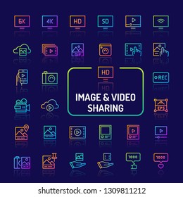Simple gradient color icons isolated over dark background related to video & image sharing. Vector signs and symbols collections for website and app..