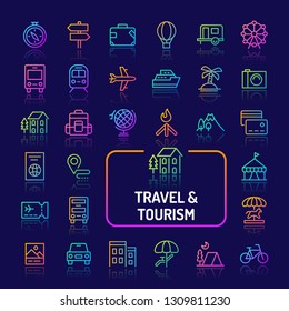 Simple gradient color icons isolated over dark background related to travel, tourism, vacation and recreation. Vector signs and symbols collections for website and app..