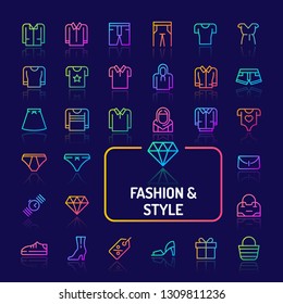 Simple gradient color icons isolated over dark background related to clothes and other wearable accessories. Vector signs and symbols collections for website and app..