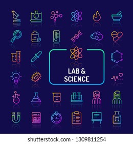 Simple gradient color icons isolated over dark background related to science research, Laboratory experiments and equipments. Vector signs and symbols collections for website and app..
