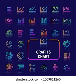 Simple gradient color icons isolated over dark background related to graphs, diagrams and charts. Vector signs and symbols collections for website and app.
