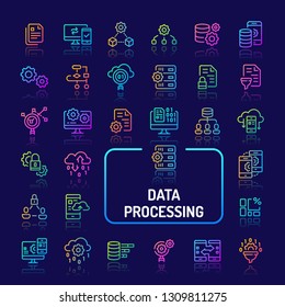 Simple gradient color icons isolated over dark background related to data processing, manipulation, conversion and filtration. Vector signs and symbols collections for website and app..