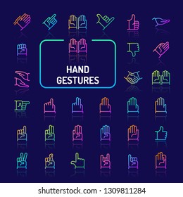 Simple gradient color icons isolated over dark background related to hand gestures and actions. Vector signs and symbols collections for website and app..