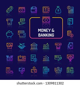 Einfache Farbsymbole, einzeln auf dunklem Hintergrund, bezogen auf Finanzen, Geld und Bankwesen. Vektorschilder und Symbolkollektionen für Website und App...