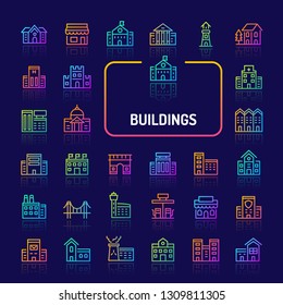 Simple gradient color icons isolated over dark background related to buildings, architectures & structures. Vector signs and symbols collections for website and app..