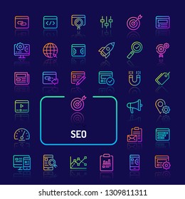 Simple gradient color icons isolated over dark background related to Search Engine Optimisation (SEO). Vector signs and symbols collections for website and app..