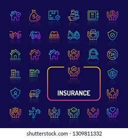 Simple gradient color icons isolated over dark background related to business & personal insurance. Vector signs and symbols collections for website and app..