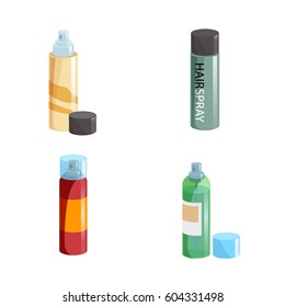 Simple gradient hair spray fixation icons set. Closed   with transparent cap and opened different colors bottles. Hair care and styling accessory vector illustration collection.