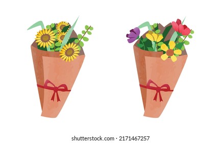 Simple graduation bouquet of flowers clipart. Bouquet with different color flowers wrapped in paper watercolor style vector illustration isolated on white. Bouquet of flowers cartoon clipart